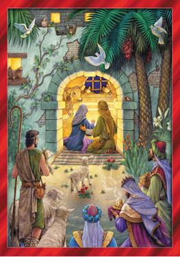 Countdown the days until Christmas with this beautiful and detailed Advent calendar.  Each window opens to reveal a verse from the bible and a special picture.  The illustration shows the shepherds and Kings gathering around the Holy Family in the stable.  This Advent calendar can be hung or displayed anywhere and is accented in glitter for a better look.  This decorative Advent calendar is perfect for families. The colorful illustration is fun and detailed and shows the shepherd and the Kings watching as Mary and Joseph welcome baby Jesus into the world. The red border makes the calendar stand out and perfect to use as a decoration. The windows that countdown the day until Christmas open to reveal a special picture and a piece of text from the bible. Learn more about the Christmas story while you countdown the days! This Advent calendar measures 8 1/4"x11 3/4". Easy to hang or display anywhere! 

