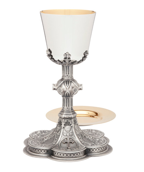 Silver over 24kt gold plate chalice is 6 3/8"H and hold 8 ounces. Deep well paten measures 6 3/8"D. Made in the USA. Engraving available.

24kt gold plate.  Ht. 10"  Host 200 ~ Based on 1 3/8" host