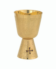 Communion Cup is 24kt gold plate.  Cup is finished in a straw texture. The gold cup has a red cross. The communion cup is 6"H  and holds 11oz. 

 