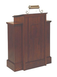 Pulpit with one shelf

Dimensions: 45" height, 35" width, 18" depth

Top: 22" width, 18" depth

Brass lamps & symbols available for additional charge