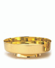 10 1/8" bowl dia. 3 1/8"H. 24kt  gold plate. High polish inside bowl. 
Holds 100 hosts based on 1 3/8" host.
