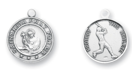 .925 solid Sterling Silver St. Rita Medal made in the USA. The Round Medal is adorned with St. Rita. The reverse side of the medal portrays a baseball player. Dimensions: 1.0" x 0.8" (25mm x 20mm). Weight of medal: 4.3 Grams.  Medal comes on a 24" genuine rhodium plated endless curb chain.