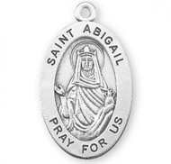 7/8" sterling silver oval medal portrayal of St. Abigail with her hands raised to the Heavens. She is the Patron Saint of Bookkeeping. A 18" Rhodium Plated Curb Chain is Included with a Deluxe Velour Gift Box. Dimensions: 0.9" x 0.6" (22mm x 14mm) Weight of medal: 1.9 Grams. Engraving option available. Made in USA.