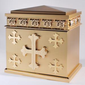 Overall Dimensions: Height 22″, Width 21-1/2″, Depth 14″,  Door Opening: Height 12-1/4″, Width 18-1/4″. Tabernacle is made of bronze, bas relief sculpted decoration of satin and high polish bronze finish.  Other finishing options available upon request.  Interior is lined with white silk and aromatic cedar.  Independent action doors, vault locks and a durable oven baked finish.