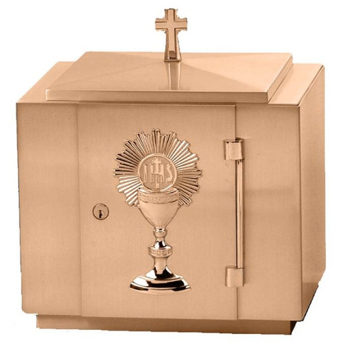 16"W x 17"H x 12"D with vault lock.  Finished in a combination of high polish and satin with white fabric lining. Oven baked for durability. Supplied with two plain keys but fancy handled keys are available at an additional cost.  Call for quotes on brass or aluminum tabernacle. Made in the USA!!