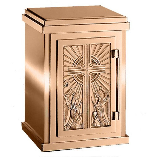 17" H x 12" W x 12" D with vault lock.  High polish or satin finish with white fabric lining.  Oven baked for durability. Supplied with two plain keys but fancy handled keys are available at an additional cost.  Call for quotes on brass or aluminum tabernacle. Made in the USA!!