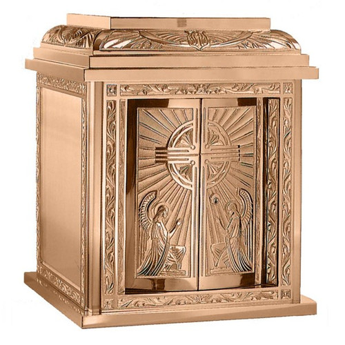 24" H x 20" W x 20" D with double action doors and vault lock.  Available with High Polish Accents on satin housing or an all satin finish.  Inside of the tabernacle is a white fabric lining.  Oven baked for durability. Supplied with two plain keys but fancy handled keys are available at an additional cost.  Call for quotes on brass or aluminum tabernacle. Made in the USA!!

 