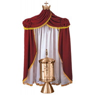 Background drape is made of red velvet and lined in white satin. Measures 70"H x 40"W.  Crown and dome are made of bronze and are available in high polish or satin finish. Stand adjustable from 36" to 90" Made in the USA!!  (Repository and Base are sold separately 813-42)