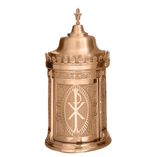 Made of bronze, this taberanacle has a revolving door. Finish is either high polish accents on satin housings or in plain satin.  Interior is lined with white fabric. Oven baked for durability. Supplied with vault lock, two plain keys. Fancy handle keys are available at an extra cost. Artistic painting available for additional cost.   Made in the USA
Sizes available are: 
31" H x 15" diameter base
33" H x 17" diameter base.
41" H x 20" diameter base.