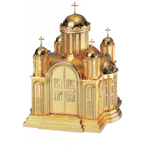 26" high x 19.5" w x 19.25" deep with vault lock. Drawer located in the tabernacle base steps. High polish or satin finish with white fabric lining. Oven baked for durability. Supplied with two plain keys but fancy handled keys are available at an additional cost.  Call for quotes on brass or aluminum tabernacle. Made in the USA!!