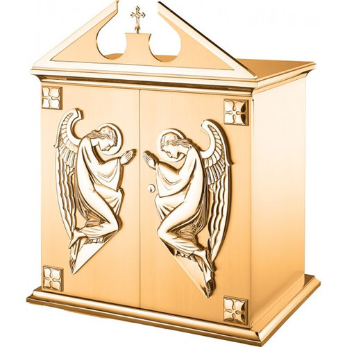 27"W x 25.5"H x 17"D with vault lock.  High Polish accents on satin housing finish. Tabernacle is lined with a white fabric. Oven baked for durability. Supplied with two plain keys but fancy handled keys are available at an additional cost. Call for quotes on brass or aluminum tabernacle. Made in the USA!!