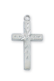 Rhodium Plated Etched Cross. Etched Cross comes on an 18" chain.  Measurements are 1 1/4" x 3/4". Etched Cross comes Gift boxed. Made in the USA. *Rhodium plating resists scratches and tarnishing, and is very shiny in its appearance.