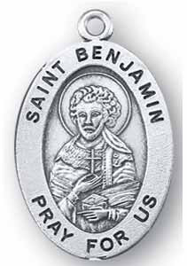 Sterling silver 7/8" oval medal Portrayal of St. Benjamin holding a cross close to his chest. He is the Patron Saint of Deacons.  A 20" Rhodium Plated Curb Chain is Included with a Deluxe Velour Gift Box.  Engraving option available. Made in the USA