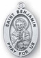 Sterling silver 7/8" oval medal Portrayal of St. Benjamin holding a cross close to his chest. He is the Patron Saint of Deacons.  A 20" Rhodium Plated Curb Chain is Included with a Deluxe Velour Gift Box.  Engraving option available. Made in the USA