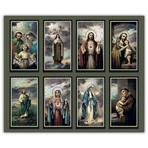 The Bonella Line of prayer cards are imported from Milan, Italy.  Micro-Perforated. Sheet size is 8 1/2" x 11".  Card size is 2 1/2" x 4 1/4" each.  Must order in multiples of 8. Price includes personalization. Full color pictures of the Holy Family, St. Therese, Sacred Heart of Jesus, St. Joseph, St. Jude, Sacred Heart of Mary, Our Lady of Grace, St. Anthony with a white line border on a dark green border, on a wider green border. Cards can be laminated at an additional cost. 