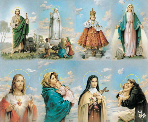 The Bonella Line of prayer cards are imported from Milan, Italy. A personalized prayer card is the perfect memento of your special occasion. Add your favorite prayer and message, and you will have a unique and treasured keepsake. Full color pictures of St. Jude, Our Lady of Fatima, the Infant of Prague, Our Lady of the Miraculous Medal, the Sacred Heart of Jesus,  Madonna of the Streets, St. Therese, St. Anthony. Micro-Perforated. Sheet size is 8 1/2" x 11".  Card size is 2 1/2" x 4 1/4" each.  Cards can be laminated. Must order in multiples of 8. Price includes personalization.  