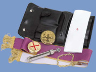 Includes genuine leather case 3˝ x 6˝, oil stock, pyx (10 host cap.) sprinkler, 7˝ x 7˝ linen and reversible stole.

