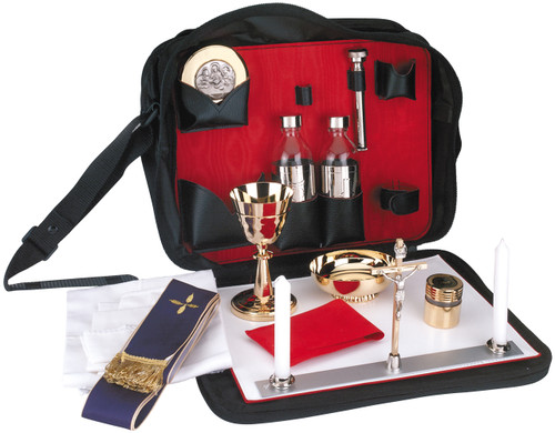 14˝ x 11˝ x 5˝ soft case, shoulder strap, three outside pockets, 5˝H. chalice, cup (3 oz.), bowl paten (75 host cap.), 3˝ dia. host box (40 host cap.), 4-1⁄2 oz. cruets, 5˝ sprinkler, 5-1⁄2˝H. crucifix, oil stock (INF), stole, 18˝ x 36˝ altar cloth, four candles, hand & finger cloths. Total wt. 4-1⁄2 lbs.
The designs of some items may vary in this kit.
