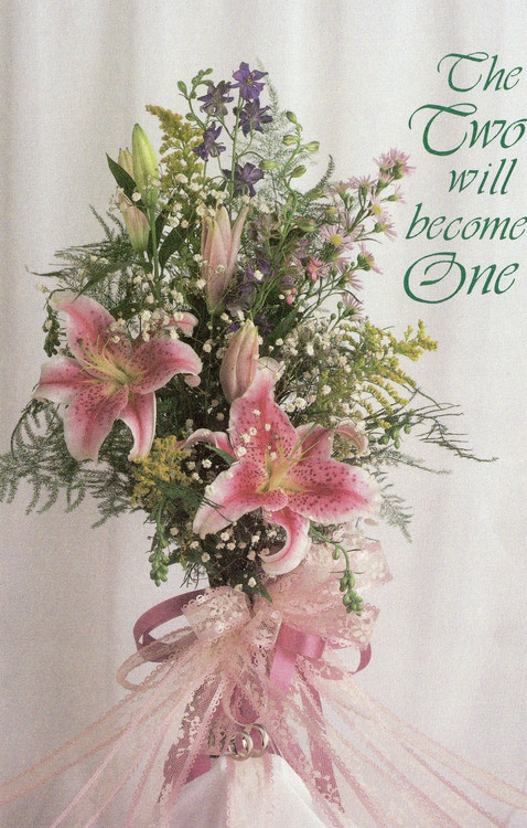 8.5" x 11" Foldover Program Cover. Depicts Pink Lillies and Lace and the words "The Two Will Become One" . Standard Wedding Bulletins.   Bulletin is shown folded (8.5" x 5.5"). They are  packaged flat 8.5" x 11". Sold in packs of 100