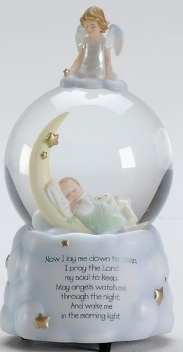 "Sweet Dreams" Guardian Angel Musical glitter dome with poem at the base of glitter dome. Plays Brahms Lullaby. Dimensions:  7.5"H X 4"H.  Materials: Resin stone mix.
