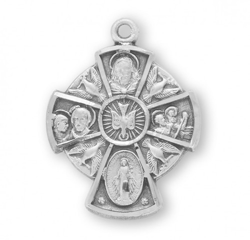 Solid .925 sterling silver Four-way combination Medal, Miraculous-Scapular-Saint Christopher-Saint Joseph medal. Dimensions: 0.8" x 0.6" (20mm x 16mm). 18" Genuine rhodium plated curb chain. Deluxe velvet gift box. Made in USA.