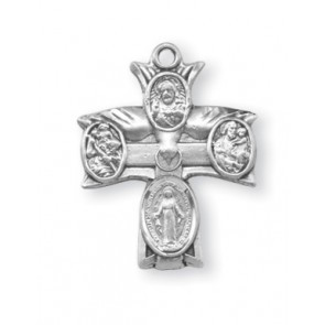 Sterling silver Four-way Combination Medal, Miraculous-Scapular-Saint Christopher-Saint Joseph medals. Solid .925 sterling silver. Dimensions: 0.9" x 0.7" (22mm x 17mm). 20" Genuine rhodium plated curb chain.  Deluxe velvet gift box. Made in USA.