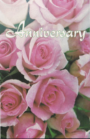 8.5" x 11" Foldover Anniversary Program Cover. Depicts bouquet of pink roses with the words "Anniversary" across the top of standard bulletin.   Bulletin is shown folded (8.5" x 5.5"). There are 100 to a pack and are packaged flat 8.5" x 11".
