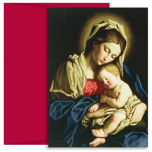 "Madonna & Child At Rest" Boxed Christmas Cards featuring four color printing. Inside Sentiment: "May the wonders of His love fill your heart with joy this Christmas and all through the year." 18 cards/18 burgundy envelopes. Folded Card Size: 5.625" x 7.875". Packaged in a printed box with an inside fit acetate lid.