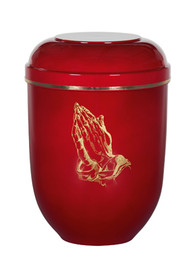 Red biodegradable urn with gold praying hands. Height:10 1/2". Minimum capacity of 200 cubic inches. This biodegradable cremation urn may also be used as a keepsake urn because it will not begin to disintegrate until moisture is introduced.