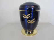 Navy and Gold Copper Urn with Gold Doves Medallion. Height: 11 1/2". Minimum Capacity of 200 Cubic inches.