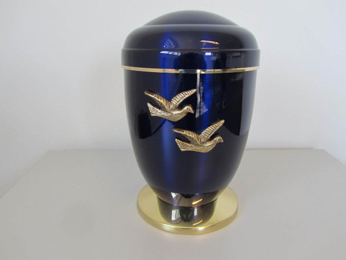 Navy and Gold Memorial Urn With Gold Doves Medallion