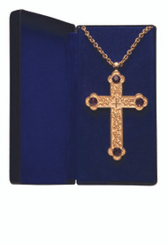 Goldplated or Silverplated Pectoral Cross with Amethyst is 4” x 2½”. Scroll design. 32” chain-gold plate includes gift box. Made in the USA.