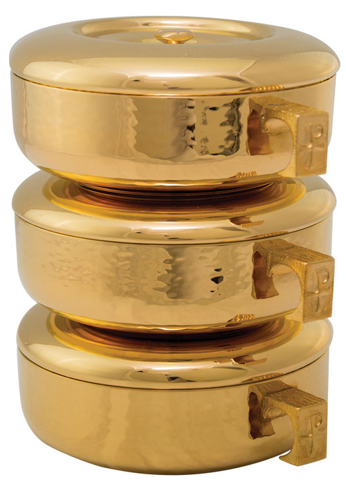 Stacking Ciboria with Hammered Texture. Available in 24K Goldplate. Sold as a single or a 3 piece set. Total set height: 8-3/4". Host Capacity: 825 (based on 1-3/8" host). Each section: 2-7/8" tall, 275 host capacity. 6-1/8" bowl diameter. 24kt Gold Plate with a High Polish Inside / Hammered Outside. Proudly Made in USA