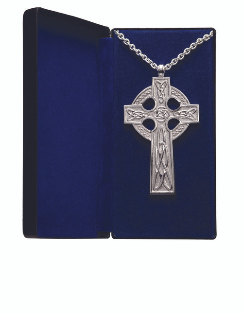 Goldplated or Silverplated Pectoral Cross measures 4” x 2½”. Scroll design w/ amethyst stones. 32” Chain-gold plate includes gift box. Made in the USA.