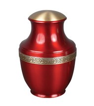 Red Enamel Brass Urn. Height: 9 3/4". Urn has a minimum capacity of 200 cubic inches. 