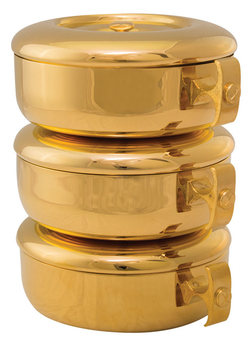 24k high polish goldplate single ciboria has a host capacity of 275 for single use (based on 1 3/8" host). The single bowl and lid measure 2 7/8"H. The complete set has a host capacity of 825 host and stands 8 3/4"H. The bowl diameter is 6 1/6".