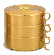 24 K gold plate Stacking Ciboria with Swinging Handles. 3 Piece Set has 1200 host capacity. High polish inside.  Set Ht. 6 1/4”.  Single Piece w/cover Ht. 2 1/4". Host Capacity-400. Piece no cover Ht. 2 1/4".  6 3/8" bowl diameter. All host capacities are based on 1 3/8" host.  Made in the USA!