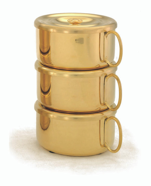 24 K gold plate single or 3 piece set Stacking Ciboria has 480 host capacity. High polish inside. Set Ht. 7 7/8”. Single Piece w/cover measures 2 3/8"H. Host Capacity-160 
Bowl diameter is 4 5/8"D. All host capacities are based on 1 3/8" host. Made in the USA!