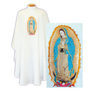 Image of a white chasuble with an embroidered image of Our Lady of Guadalupe in gold, blue, red, brown, and tan thread.