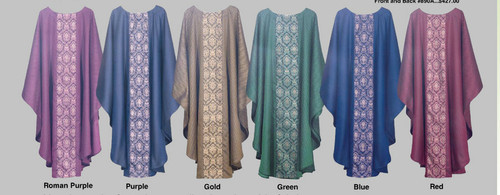 New brocade, featuring coordinating chasuble fabric. Chasuble fabric is a lightweight viscose polyester blend with a woven cross pattern that matches the background of the brocade. Ample cut. Plain Neckline or 3.5" Roll collar. Color Choices: Roman Purple, Purple, Gold, Green , Blue, or Red
