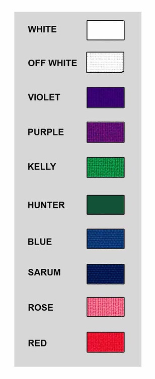 Available Colors: pure white, off white, violet, purple, kelly green, hunter green, blue, sarum, red, and rose