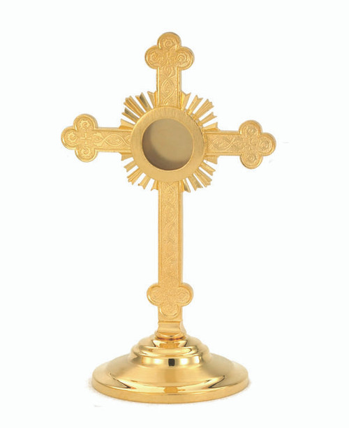 9 1/8" Reliquary. This 24 KT gold plated reliquary is made of high quality brass, and is handcrafted in the USA. Diameter: 1 5/8"
