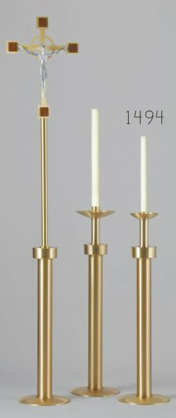 Pair of  40.5" tall Processional Candlesticks. Satin brass finish with bronze lacquer are shipped with Standard sockets size 1 1/2" unless otherwise noted.  Larger sockets are available please call 1 800 523 7604 to order. 