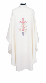 Embroidered Ample Cut Lightweight Chasuble 840- Ample cut (60"W x 52"L), lightweight, textured fortrel polyester-linen weave.  Multicolor Swiss Schiffli Embroidery on front only or front and back. Self lined stole is included with each chasuble. Available with roll collar at an additional cost.