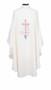 Embroidered Ample Cut Lightweight Chasuble 840- Ample cut (60"W x 52"L), lightweight, textured fortrel polyester-linen weave.  Multicolor Swiss Schiffli Embroidery on front only or front and back. Self lined stole is included with each chasuble. Available with roll collar at an additional cost.