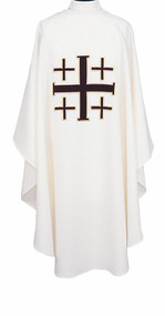 Embroidered Ample Cut Lightweight Chasuble 854 ~ Ample cut (60"W x 52"L), lightweight, textured fortrel polyester-linen weave.  Multicolor Swiss Schiffli Embroidery on front only or front and back. Self lined stole is included with each chasuble. Available with roll collar at an additional cost.