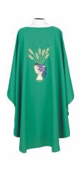 Ample cut (60"W x 52"L), lightweight, textured fortrel polyester-linen weave.  Multicolor Swiss Schiffli Embroidery on front only or front and back. Self lined stole is included with each chasuble. Available with roll collar at an additional cost.