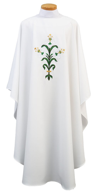 Embroidered Ample Cut Lightweight Chasuble 860 - Ample cut (60"W x 52"L), lightweight, textured fortrel polyester-linen weave.  Multicolor Swiss Schiffli Embroidery on front only or front and back. Self lined stole is included with each chasuble. Available with roll collar at an additional cost.