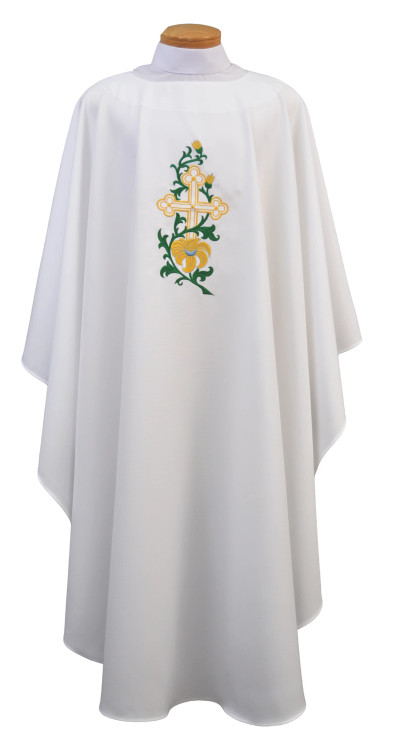 Ample cut (60"W x 52"L), lightweight, textured fortrel polyester-linen weave.  Multicolor Swiss Schiffli Embroidery on front only or front and back. Self lined stole is included with each chasuble. Available with roll collar at an additional cost