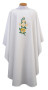 Ample cut (60"W x 52"L), lightweight, textured fortrel polyester-linen weave.  Multicolor Swiss Schiffli Embroidery on front only or front and back. Self lined stole is included with each chasuble. Available with roll collar at an additional cost